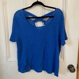 Maloka Blue Linen Crisscross Back Women's Short Sleeve Top